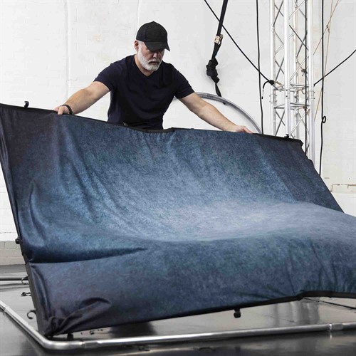 Tygbakgrunden hålls spänd i aluminiumramen