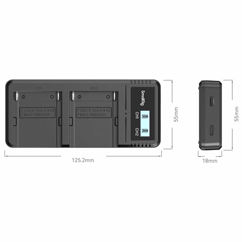 Quickly charges one or two batteries